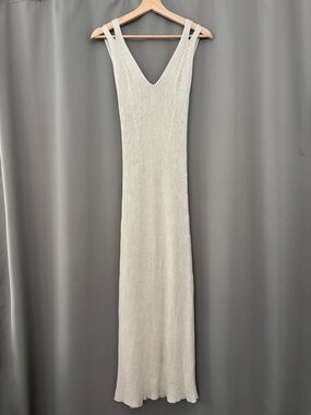 Massimo Dutti Cream Ribbed V-Neck Maxi Dress
